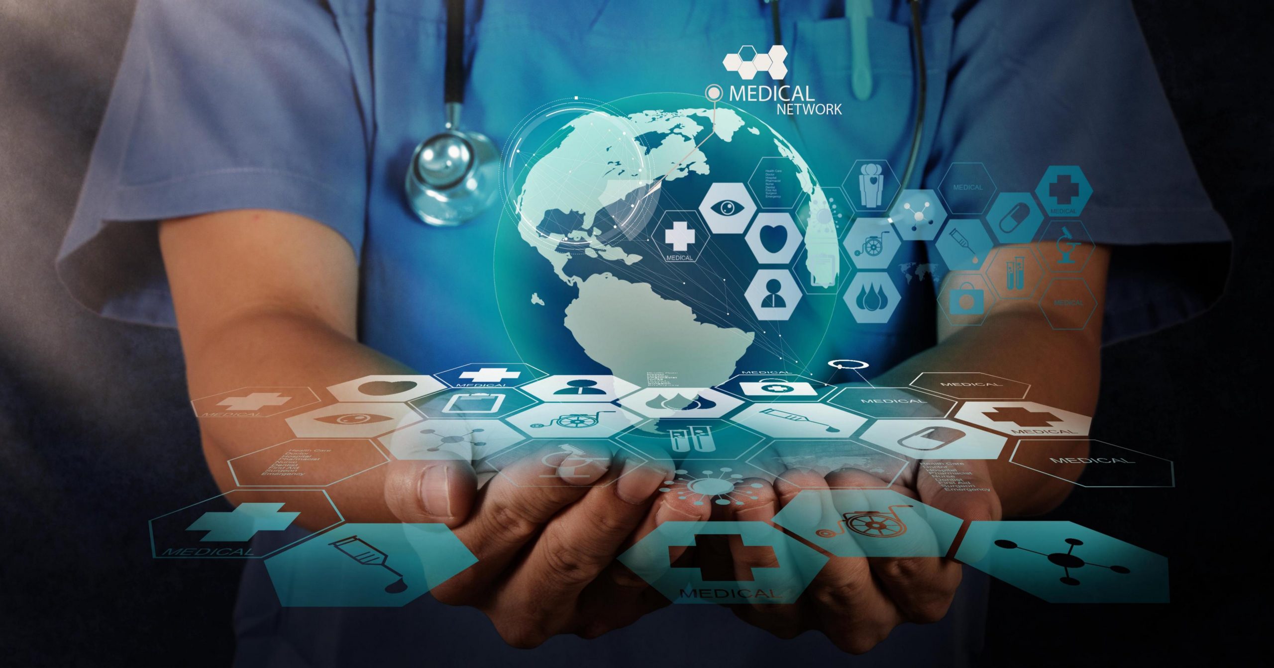 Medical Doctor holding a world globe in her hands as medical network concept