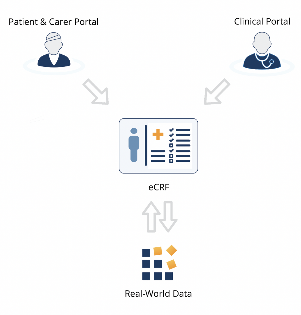 The graphic showing two portal feeding data into an overall patient registry dataset. On the left a 'patient and carer portal', and on the right 'clinical portal' feeding into the disease registry via a form.