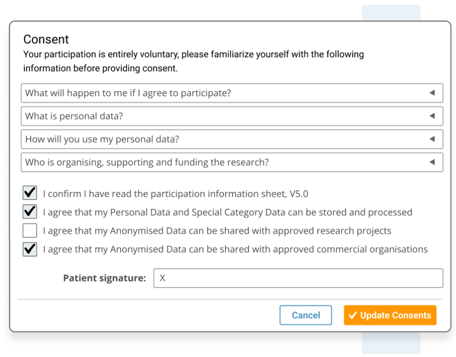 A consent modal which has four dropdowns which provide informatio about the user's choices and persoal data. Below this are four check-boxes which the user can check off and provide a signature. There is the option to click cancel or to update consents.
