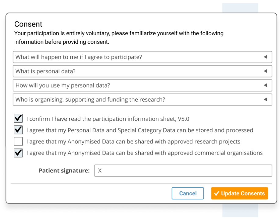 Participant consent A consent modal which has four dropdowns which provide informatio about the user's choices and persoal data. Below this are four check-boxes which the user can check off and provide a signature. There is the option to click cancel or to update consents.