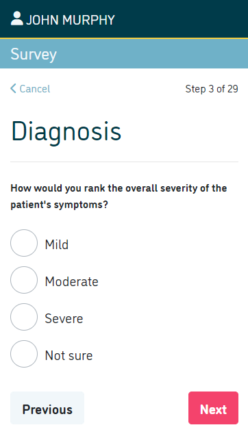 A mobile view of a survey for a user called John Murphy. This user is filling in a survey about their diagnosis, there are four possible answers. The previous and next buttons are found at the bottom of the image.