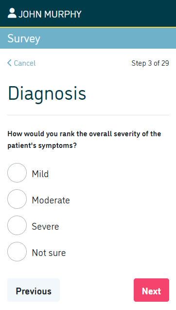 survey-sm A mobile view of a survey for a user called John Murphy. This user is filling in a survey about their diagnosis, there are four possible answers. The previous and next buttons are found at the bottom of the image.