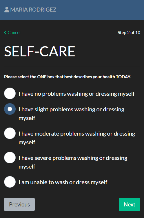 A mobile survey about self care, there are five possible answers for the user to choose from. This ranges from being able or unable to dressing themelves. This is the second question out of ten.