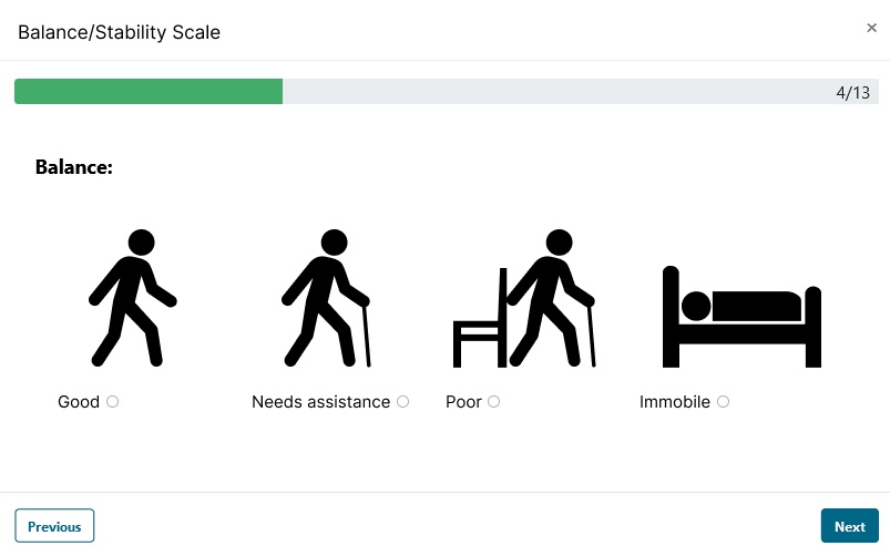 A survey question about the user's level of balance, the options are: good, needs assistance, poor or immobile.